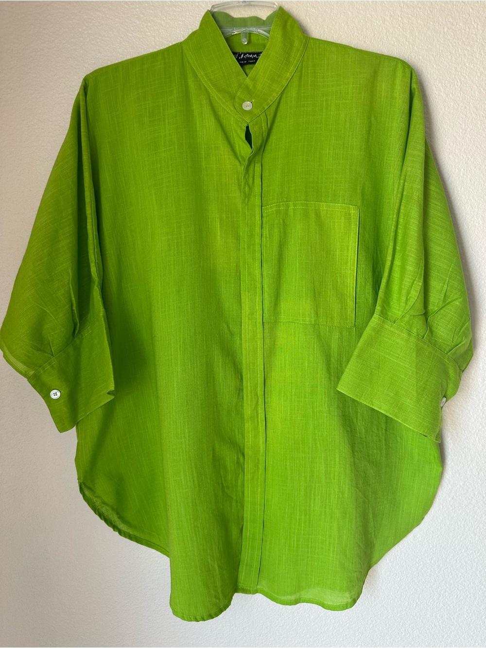 Dilemma Organic Cotton Oversized Neon Green Mandarin Collar Shirt Lagenlook OS